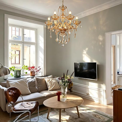 Luxury Amber K9 Crystal Chandelier 6-Light Candle Style Modern Pendant Ceiling Fixture Compatible with E12 Bulbs for Living Room Dining Room Bedroom Hallway Entry (6 Lights)