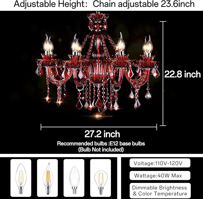 Bagood Red 8 Lights K9 Crystal Candle Chandeliers Lighting K9 Crystal Candle Chandeliers Crystal Modern Chandelier for Dining Living Room Bedroom Entry Elegant Decoration E12 Base, H22.8 x W27.2
