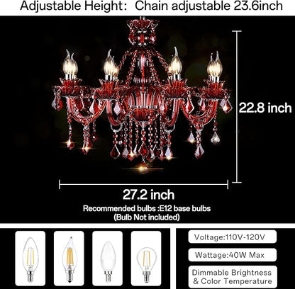 Bagood Red 8 Lights K9 Crystal Candle Chandeliers Lighting K9 Crystal Candle Chandeliers Crystal Modern Chandelier for Dining Living Room Bedroom Entry Elegant Decoration E12 Base, H22.8 x W27.2