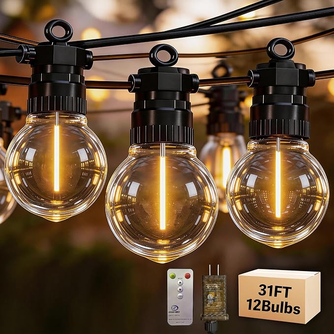 31FT Outdoor String Lights with Remote, 12 Dimmable Shatterproof LED G50 Bulbs, Waterproof Patio & Backyard Lights for Pergola, Deck, Garden, Bistro, Commercial Grade Hanging Lights