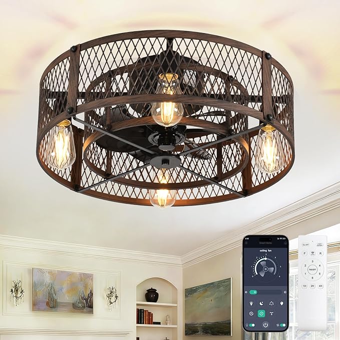 Depuley Flush Mount Ceiling Fan: 20" Caged Ceiling Fans with Lights and Remote App Control for Kitchen Bedroom Farmhouse - Rustic Low Profile Ceiling Fandelier Lights Reversible 6 Speed Timer Walnut