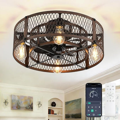 Depuley Flush Mount Ceiling Fan: 20" Caged Ceiling Fans with Lights and Remote App Control for Kitchen Bedroom Farmhouse - Rustic Low Profile Ceiling Fandelier Lights Reversible 6 Speed Timer Walnut