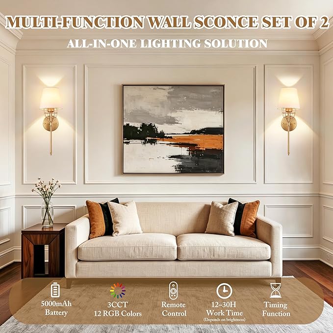 Battery Operated Wall Sconce Set of 2, Gold Rechargeable Wireless Wall Lights, with 5000mAh RGB Dimmable Bulbs and Remote, 15 Colors Wall Lamps Sconces Wall Decor for Bedroom Living Room Hallway