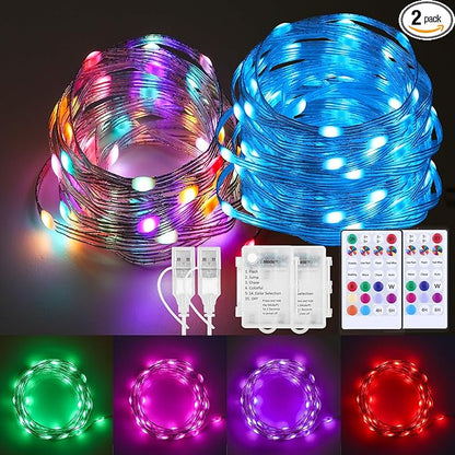 2 Pack Fairy Lights Battery Operated Color Changing String Lights with Remote, 16.4FT Twinkle Lights USB Plug or Battery Powered, Outdoor Christmas Decorations for Bedroom Wedding Party Indoor