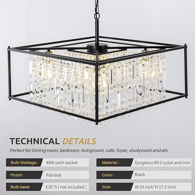 24" Modern Chandeliers for Dining Room,Black Crystal Chandelier, Adjustable Chain Length,5-Light Pendant Light Fixture for Kitchen Island Living Room Entryway Foyer Flat and Inclined Ceiling