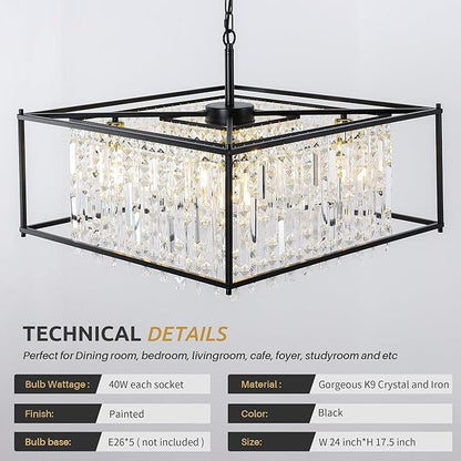 24" Modern Chandeliers for Dining Room,Black Crystal Chandelier, Adjustable Chain Length,5-Light Pendant Light Fixture for Kitchen Island Living Room Entryway Foyer Flat and Inclined Ceiling