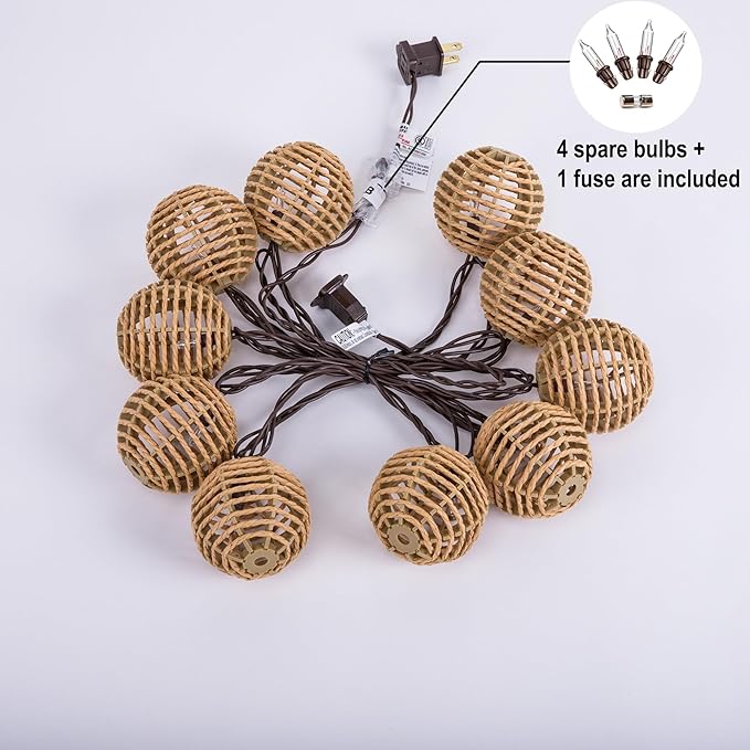 TWINKVILLA Decorative String Lights Plug in with 10 Incandescent Bulbs, Natural Rattan Globe Boho Lantern String Lights Connectable Weatherproof Outdoor Indoor for Bedroom Patio Pergola Decor