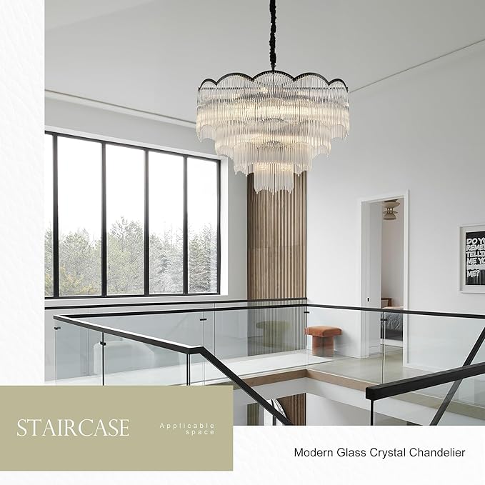 31.5" Black Clear Glass Crystal Chandelier 18-Light Modern Crystal Pendant Ceiling Light Fixture 4-Tier Luxury Glass Chandeliers,for Dining Room Kitchen Island Living Room Bedroom
