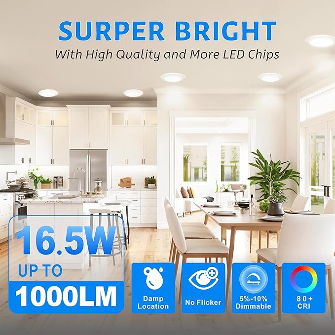 ECOELER 6" Dimmable LED Disk Light, 16.5W 1000Lm 3000K Warm White, Low Profile Flush Mount Recessed Retrofit Ceiling Lights Fixture for Home Improved, ETL Listed, 4 Pack