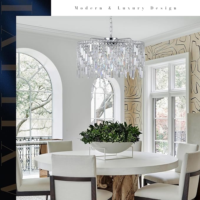 A AXILIXI Crystal Chandelier, 24" Modern Round Chandelier for Dining Room, K9 Large 8-Light Crystal Pendant Fixtures Raindrop Luxury Pendant Ceiling Light Chrome for Entryway Foyer Staircase
