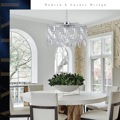 A AXILIXI Crystal Chandelier, 24" Modern Round Chandelier for Dining Room, K9 Large 8-Light Crystal Pendant Fixtures Raindrop Luxury Pendant Ceiling Light Chrome for Entryway Foyer Staircase