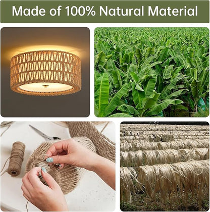 Boho Ceiling Light Fixtures 12.6" Flush Mount Ceiling Light, Hand-Woven Rattan Light Fixture for Bedroom Close to Ceiling Light Modern Ceiling Light for Foyer Hallway Entryway Kids Room