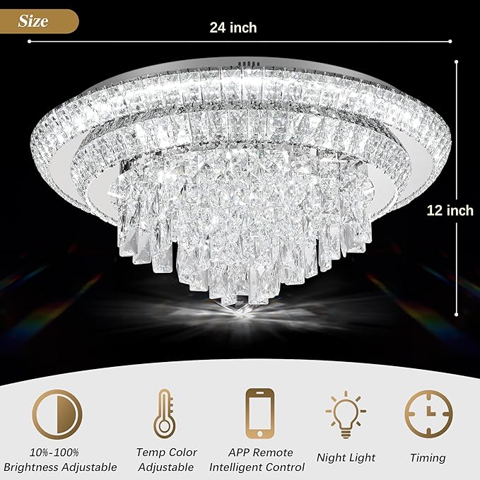 24 inch Crystal Silver Ceiling-Light Flush Mount With Remote Control and APP, 3CCT Dimmable & Brightness Adjustable, Modern Crystal Raindrop Chandeliers for Bedroom Hallway Dinning Room Living Room