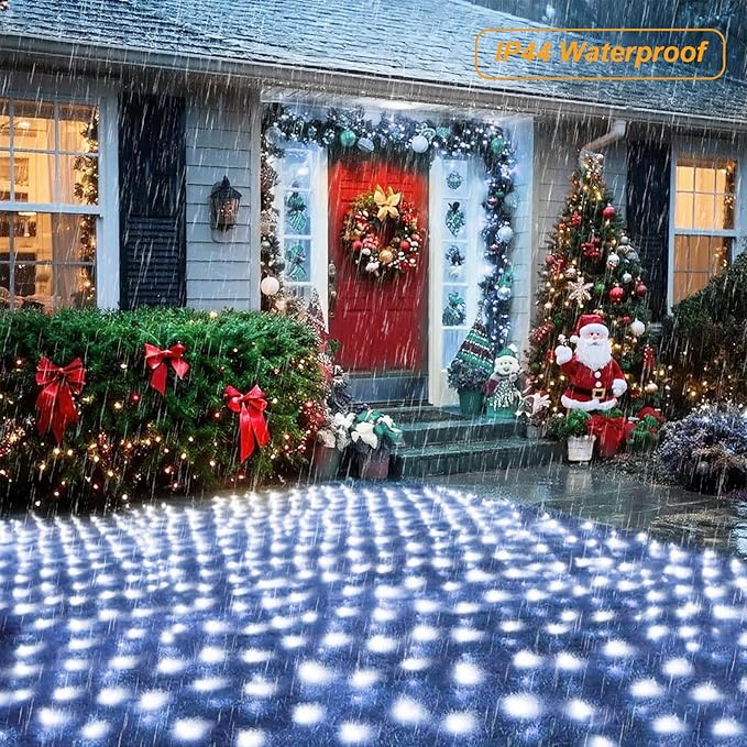 Pooqla 610 LED Christmas Net Lights, 34.5x5ft Outdoor Mesh Lighting, 8 Modes Waterproof Connectable Twinkle Strings for Bushes Yard Decor, Cool White