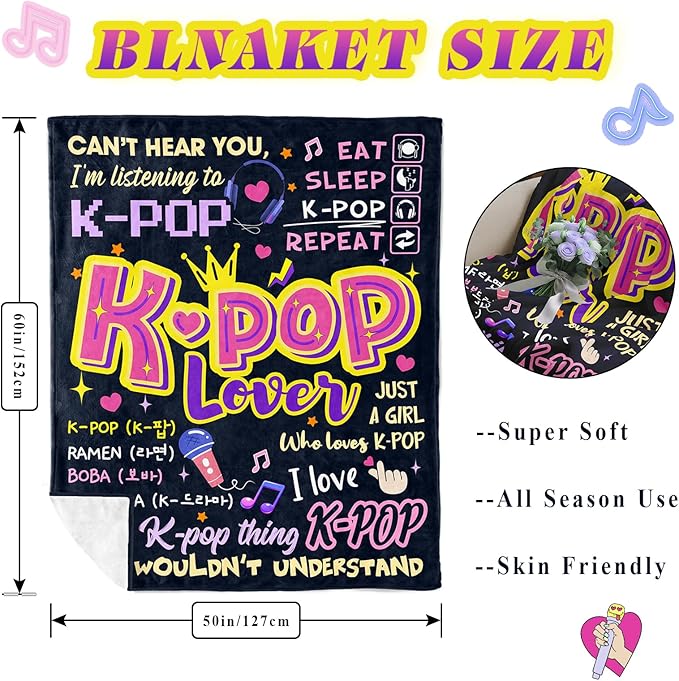 Kpop Gifts for Teen Girls Women, K Pop Blanket 60"X50", Kpop Stuff Merch, Christmas/Valentines Day/Graduation Birthday Gifts for Kpop Lovers/Fans/Friend Women, K-Pop Birthday Party Decorations