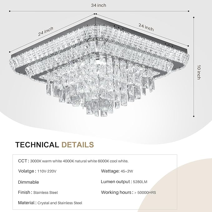 COCOSTAR Crystal Chandeliers, Modern Led Luxury Chandelier, 34" Suqare Flush Mount Chandelier Ceiling Light, Raindrop Chandeliers for Dining Room, Living Room, Bedroom