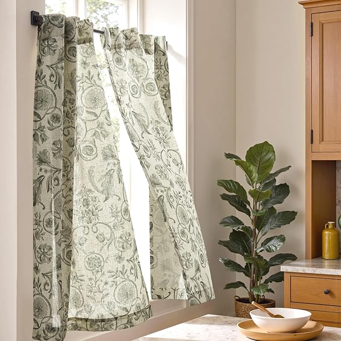 jinchan Small Window Curtains 45 Inch Linen Floral Curtain Set for Kitchen Bathroom Cafe Curtains Light Filtering Window Treatment Farmhouse Cottagecore Back Tab Drapes 2 Panels Green on Beige