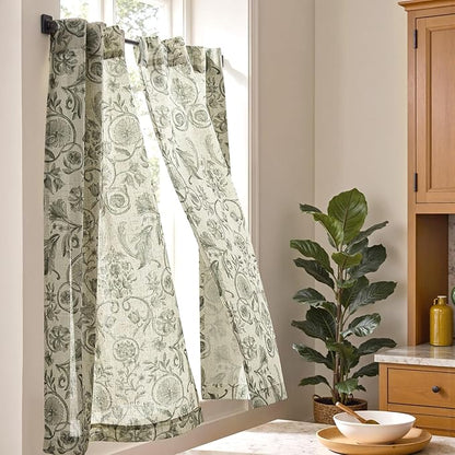 jinchan Small Window Curtains 45 Inch Linen Floral Curtain Set for Kitchen Bathroom Cafe Curtains Light Filtering Window Treatment Farmhouse Cottagecore Back Tab Drapes 2 Panels Green on Beige