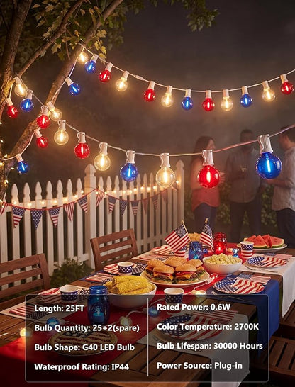 25Ft G40 LED Red White and Blue String Lights Outdoor,4th of July Decoration Lights with 27 LED Shatterproof Globe Bulbs, Hanging Patio Patriotic String Lights for Backyard Party Independence Day