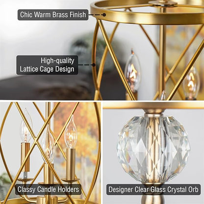 Kira Home Eleanor 27" Modern 3-Light Geometric Gold Lantern Chandelier, Cylinder Trellis Cage Gold Pendant Light with Crystal Finial, Warm Brass Finish