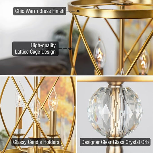 Kira Home Eleanor 27" Modern 3-Light Geometric Gold Lantern Chandelier, Cylinder Trellis Cage Gold Pendant Light with Crystal Finial, Warm Brass Finish