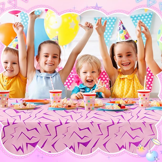 Oudain 4 Pcs Kpop Theme Purple & Pink Lightning Crack Print Holographic Party Tablecloth 54 x 108 Inch Disposable Rectangle Table Cover for Anime Korean Kpop Theme Birthday Decoration