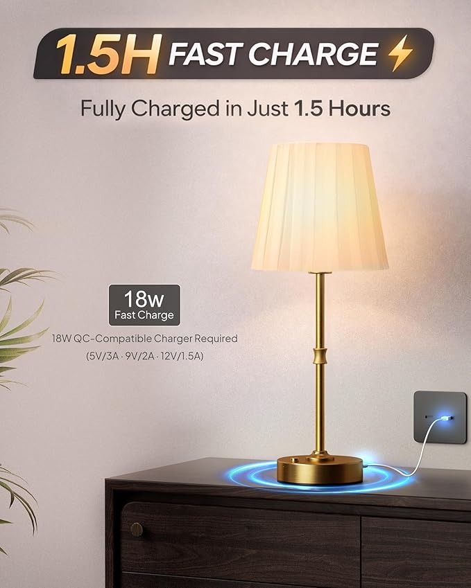 EppieBasic Cordless Table Lamp Rechargeable: Fast Charging & Long Lasting - 2700K Warm Light Small Vintage Gold Lamps -Bedside Dinning Living Room Bedroom - Pleated Shade