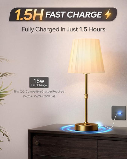 EppieBasic Cordless Table Lamp Rechargeable: Fast Charging & Long Lasting - 2700K Warm Light Small Vintage Gold Lamps -Bedside Dinning Living Room Bedroom - Pleated Shade