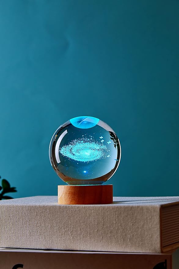 3.15 inch Galaxy Crystal Ball lamp,3D Solar System Crystal Ball Night Light with Wooden Base,16 Colors Change with Remote Control,Clear Glass Planet Light,Birthday Gift for Friends (Galaxy)