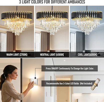 24" Modern Black and Gold Crystal Chandelier for Dining Room,5-Tier 10 Lights K9 Crystal Large Pendant Light Chandeliers Luxury Round Ceiling Light Fixture for Living Room Entryway Foyer