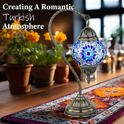 Marrakech Stained Glass Lamp Turkish Moroccan Table Lamp with Vintage Style, Handmade Tiffany Lamps with Mosaic Glass&Swan Neck Bronze Base Including LED Bulb for Living Room Bedroom Decor (Blue1)