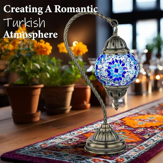 Marrakech Stained Glass Lamp Turkish Moroccan Table Lamp with Vintage Style, Handmade Tiffany Lamps with Mosaic Glass&Swan Neck Bronze Base Including LED Bulb for Living Room Bedroom Decor (Blue1)