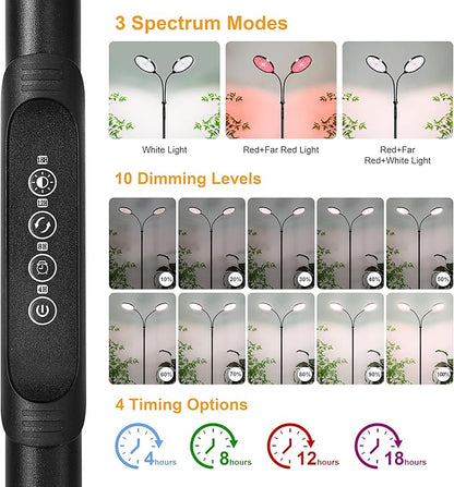 Plant Light for Indoor Plants, Red &White Light Full Spectrum Grow Lamp with Height Adjustable and Stand for Growing Large Tall Plants, Floor LED Grow Lamp with 4/8/12/18 Hour Timer &10 Dimming