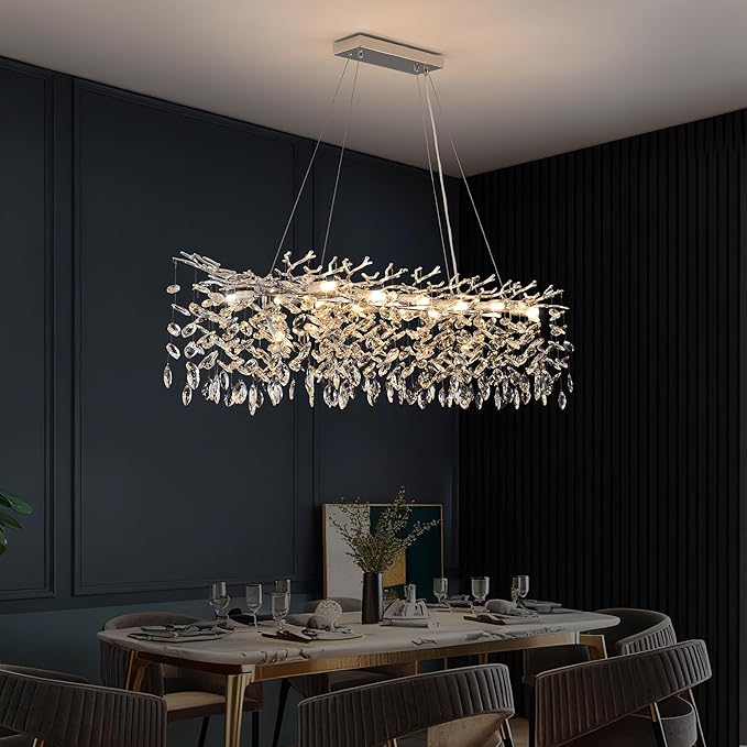 Modern Rectangle Crystal Tree Branch Chandelier, L47.3'' Large Silver Linear Raindrop Indoor Hanging Pendant Light Fixture for Kitchen Island Foyer Living Room Dining Room 14 Lights