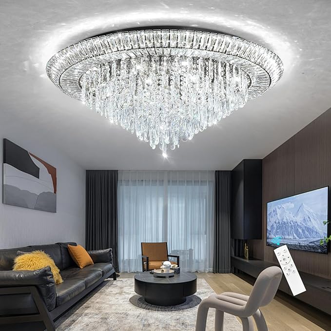 Modern LED Crystal Chandelier for Living Room Dimmable Large Ceiling Light Fixture Round Raindrop Chandeliers for Dining Room Entryway Bedroom Foyer Black