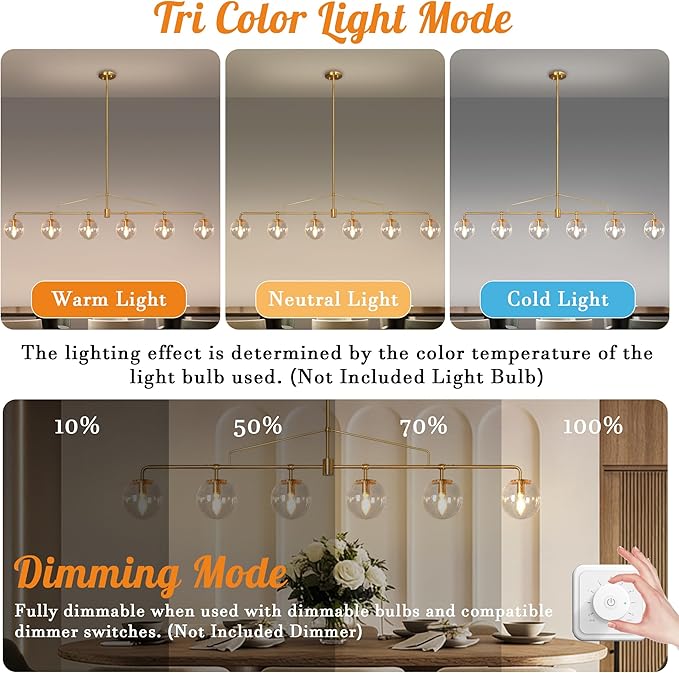 Gold Linear Chandelier 6 Lights Mid Century Modern Dining Room Chandelier Kitchen Island Pendant Light with Seeded Glass Shades for Island, Farmhouse, Dining Area, Dia 51.58 Inch