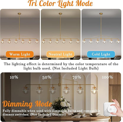Gold Linear Chandelier 6 Lights Mid Century Modern Dining Room Chandelier Kitchen Island Pendant Light with Seeded Glass Shades for Island, Farmhouse, Dining Area, Dia 51.58 Inch
