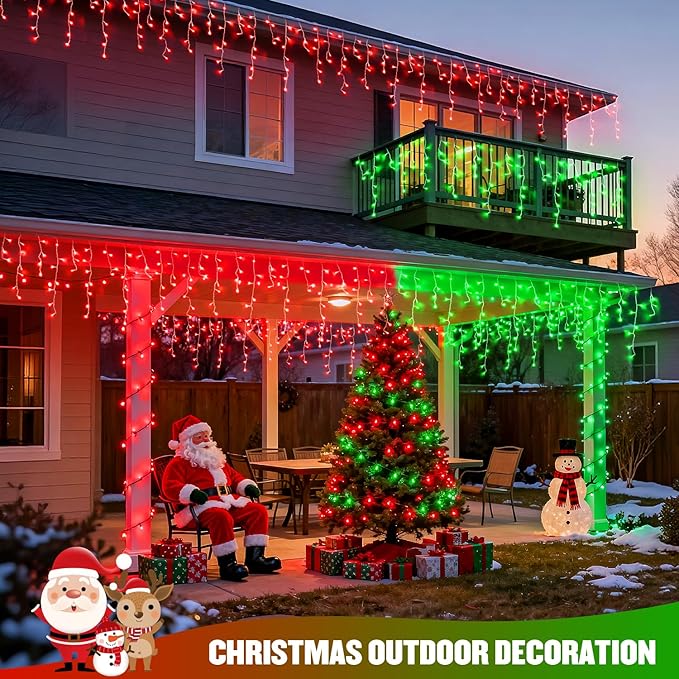 JMEXSUSS 400 LED Red and Green Christmas Lights, Red & Green Icicle Lights Clear Wire, Connectable String Lights Plug in for Christmas Party Outdoor Eaves Home Xmas Decorations