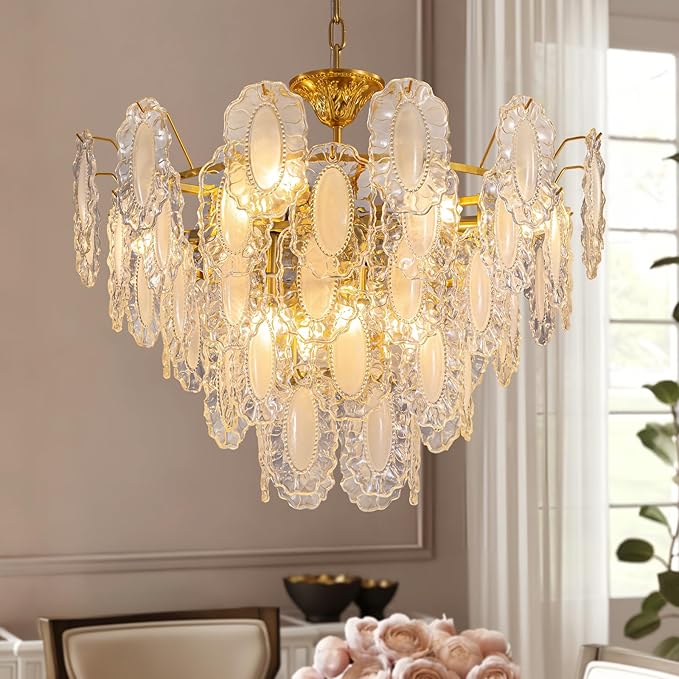 5-Tier Foyer Chandelier, 12-Light Vintage Glass Chandelier for Dining Room with Glass Leaf & Brass Finish, Dimmable Vintage Pendant Lighting for Kitchen Island Living Room Entryway, 28.74"xH23.62"