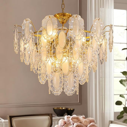 5-Tier Foyer Chandelier, 12-Light Vintage Glass Chandelier for Dining Room with Glass Leaf & Brass Finish, Dimmable Vintage Pendant Lighting for Kitchen Island Living Room Entryway, 28.74"xH23.62"