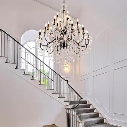 Wellmet Black Chandelier Light Fixture, Luxury Maria Theresa Crystal Chandeliers for High Ceiling Foyer, 24 Lights Hanging Pendant Light for Living Room EntryWay Hall Staircase Large 35.66" (Black)