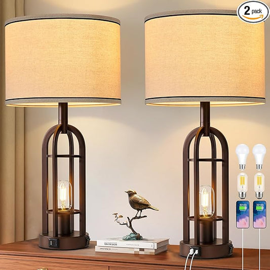 SRJJA Farmhouse Table Lamps for Living Room Bedroom Set of 2 - Rustic Industrial Bedside Lamps for Night Stands with USB A+C, 24" Vintage Nightstand Lamp with Night Light, Bulbs Included