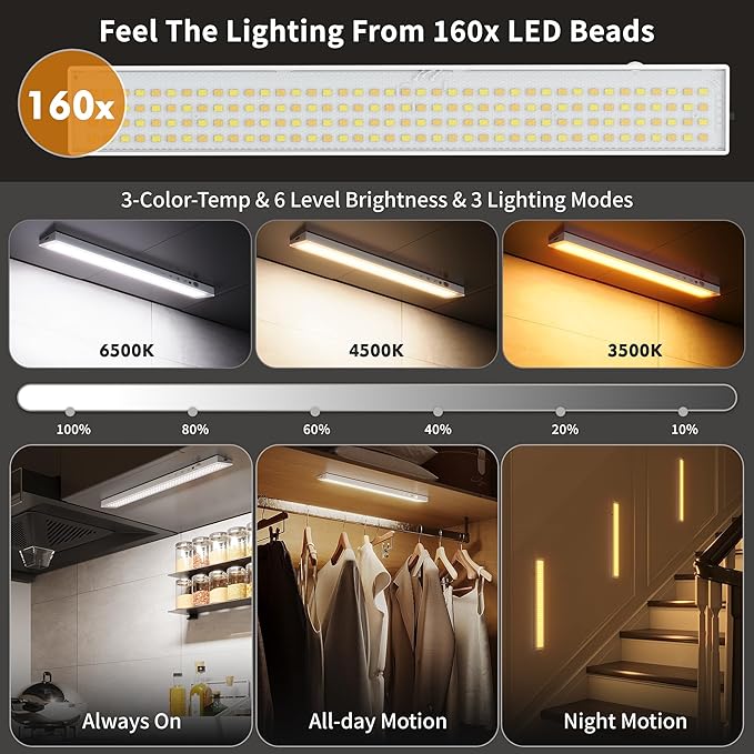 12inch 1Pack Touch Control Under Cabinet Lighting, 160LED Super Bright, 4000mAh Long-Lasting, Magnetic Rechargeable Motion Sensor Under Counter Lights for Kitchen, Closet, Remote, Dimmable, 3CCT丨White