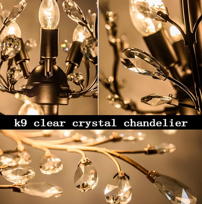 Garwarm 8-Light Vintage K9 Crystal Chandeliers Ceiling Lights Crystal Pendant Lighting Ceiling Light Fixtures Chandeliers Lighting for Living Room Bedroom Restaurant Porch Chandelier(Black)