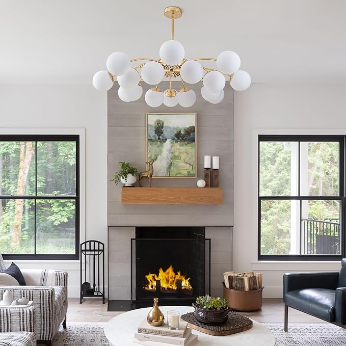 Longree 16-Light Gold and White Sputnik Chandeliers with Blossom Accent Milk Glass Bubble Pendant Light Fixture, Mid Century Starburst Lighting Frosted Glass Ceiling Lights for Dining Living