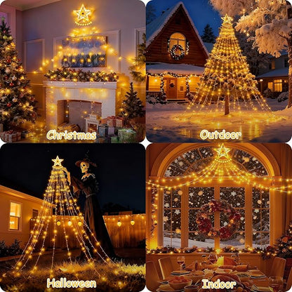 Star String Lights, 350 LED Tree Waterfall Fairy Lights, Outdoor Waterproof Christmas Decoration Lights with Remote, 16FT X 9 Hanging LED Lamp for Garden Yard Wedding Birthday Festival, Warm Yellow