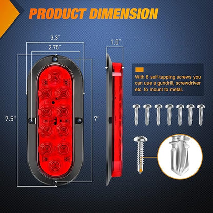 Nilight 6 Inch Oval Red LED Trailer Tail Light Surface Mount 2PCS 10 LEDs Waterproof Stop Brake Turn Trailers Lights for Truck RV Boat Bus Lorry Camper Van Caravan