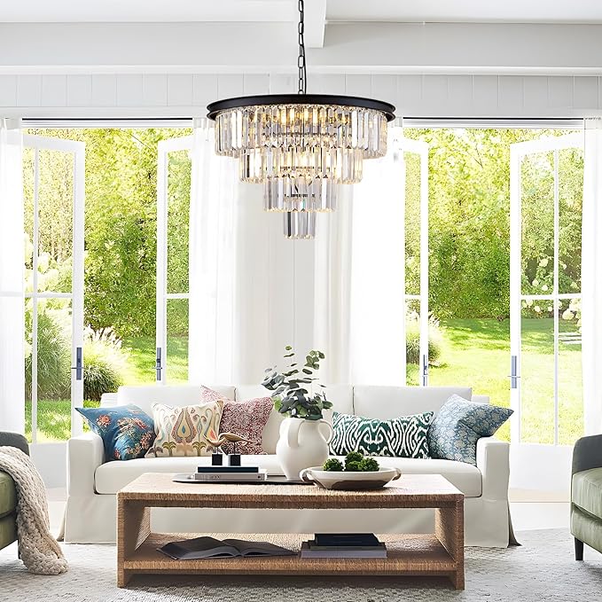10 Light Black Crystal Chandelier 24'' Modern Round Chandeliers for Dining Room Contemporary Ceiling Pendant Light Fixture 4-Tier Adjustable Height E12 for Living Room Foyer Entryway