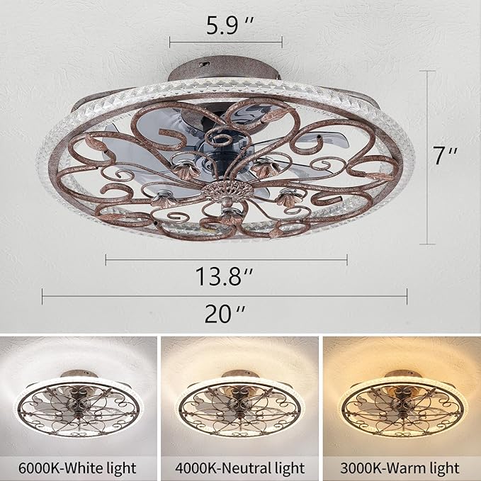 Rustic Caged Ceiling Fan with Lights Remote Control, Retro Industrial Ceiling Fan with Light for Kitchen Bedroom Living Room