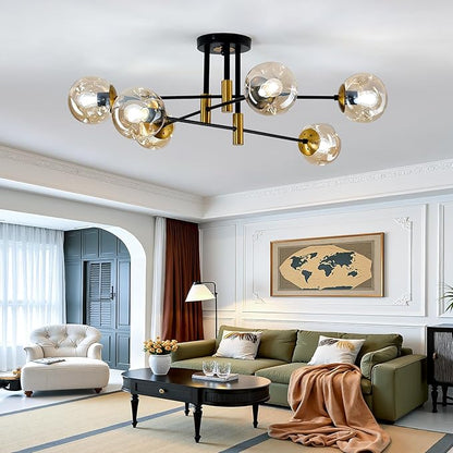 6-Lights Sputnik Ceiling Light Fixture Mid Century Modern Glass Globe Flush Mount Chandelier Black and Gold Farmhouse Lighting for Living Room Dining Room Bedroom Kitchen